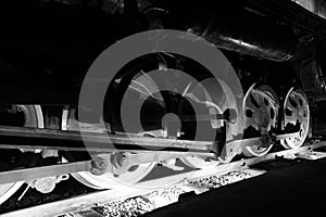 Train wheels in black and white