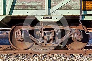 Train wheels on an old box car. Nanton Alberta Canada