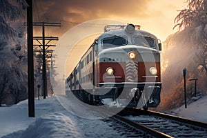 Train winter snow. Generate Ai