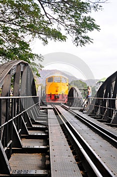Train is working on the bridge over the river Kwai