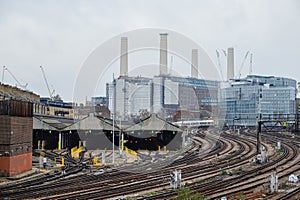 Train yard with tracks in Battersea Power Plant, London