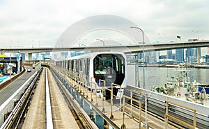 Train at Yurikamome line, an automated guideway transit system in Tokyo