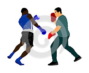 Trainer and boxer vector illustration isolated on white background. Sparring partner martial arts. Direct kick. Clinch, knockout.