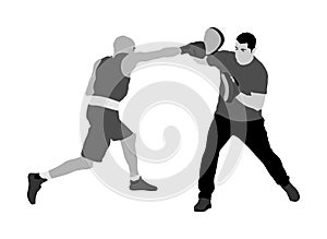 Trainer and boxer vector illustration isolated on white background. Sparring partner martial arts. Direct kick. Clinch, knockout,