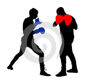 Trainer and boxer vector silhouette isolated on white background. Sparring partner martial arts. Direct kick. Clinch, knockout.