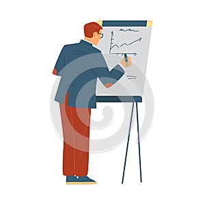 Trainer or coacher near presentation board, flat vector illustration isolated.