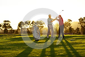 Trainer, golf course or man with help, teaching or fitness with training, lesson or skills. Male person, player or coach