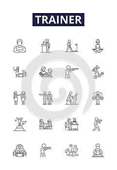 Trainer line vector icons and signs. Educator, Mentor, Guide, Coach, Tutor, Counsellor, Adviser, Facilitator outline