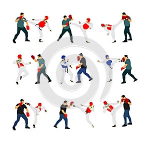 Trainer and taekwondo fighter vector illustration isolated on white. Sparring partner martial arts.