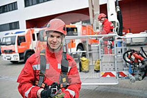 training in altitude rescue at the fire brigade - emergency operation with a crane trolley and abseiling