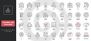Training and coaching program, mentorship, learning for skill development line icon set