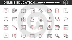 Training courses, video tutorials, online library to study thin red black line icons set