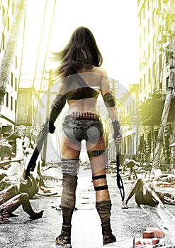 Training Day, Zombies advancing on a fully prepared Post Apocalyptic fearless female with a ruined city background.