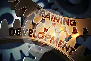 Training Development on Golden Cog Gears. 3D Illustration. photo