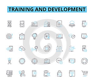 Training and development linear icons set. Growth, Performance, Learning, Success, Coaching, Skills, Enhancement line