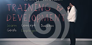 Training and development terms written on a blackboard 3d