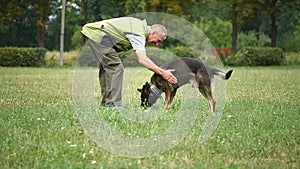 Training dog. Man teaching commands his German Shepherd