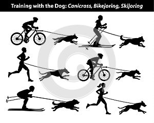 Training Exercising with dog: canicross, bikejoring, skijoring silhouettes photo