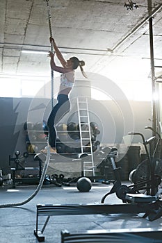 Training At Gym. Female Crossfit Athlete Climbing Rope