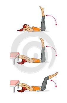 Training at home. Girl performs exercises to strengthen the abdominal muscles. Isolated on white background