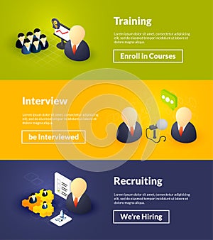 Training interview and recruiting banners of isometric color design