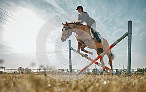 Training, jump and woman on a horse for a course, event or show on a field in Norway. Equestrian, jumping and girl doing