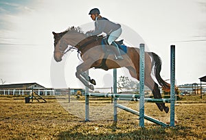 Training, jump and woman on a horse for sports, an event or show on a field in Norway. Equestrian, action and girl doing