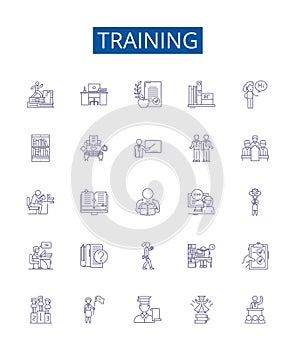 Training line icons signs set. Design collection of Education, Coaching, Tuition, Learning, Drilling, Instruction