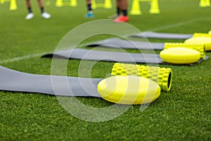 Training mat, goal roller and balance cushion. Sports training equipment on grass field