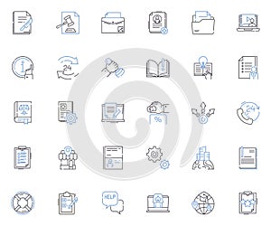 Training materials line icons collection. Manuals, Videos, Workbooks, Presentations, Handouts, Slides, Worksheets vector photo