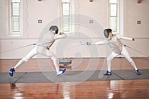 Training, people and fight in fencing competition, duel or combat with martial arts fighter and athlete with a sword and
