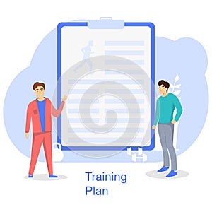 Training plan, two men are discussing a sports training plan. Vector illustration.