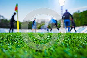 Training soccer players on football stadium. Green grass at fore