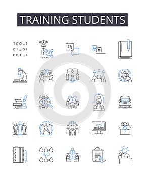 Training students line icons collection. Educating individuals, Teaching pupils, Coaching learners, Instructing scholars