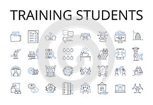 Training students line icons collection. Educating individuals, Teaching pupils, Coaching learners, Instructing scholars