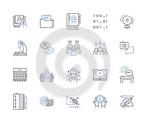 Training students outline icons collection. Train, Students, Instruct, Educate, Tutor, Coach, Discipline vector and photo