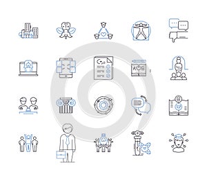 Training students outline icons collection. Train, Students, Instruct, Educate, Tutor, Coach, Discipline vector and photo