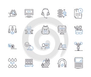 Training students outline icons collection. Train, Students, Instruct, Educate, Tutor, Coach, Discipline vector and