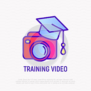 Training video thin line icon: camera in graduation cap. Modern vector illustration for logo of tutorial video