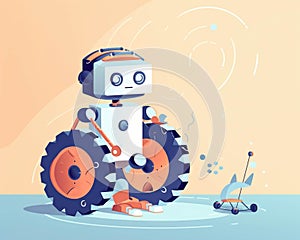 Training wheels encircle a robot that is learning from AIcontrolled lesson plans. . AI generation