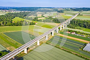 Trains on the Enztal bridge of high-speed railway line Mannheim-Stuttgart in Germany