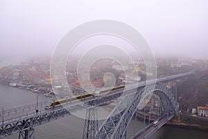 Trains in the misty day and the city