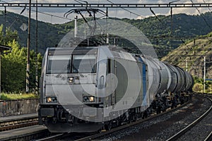 Trains in Prackovice station near river Labe