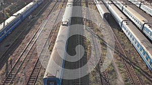 Trains in a railway depot. Kyiv. Ukraine. Aerial view