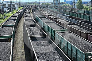 Trains of railway wagons full of coal