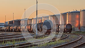 Trains with silos of a petrochemical plant on the background lit by warm light, Port of Antwerp, belgium