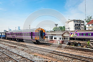 Trains stand at railway transport interchange