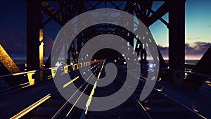 Trains that sweep at sunset on the railway bridge past at high speed, cars with glowing headlights. 3D Rendering