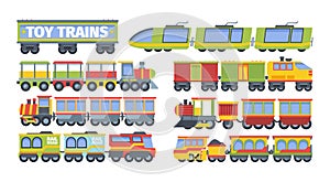Trains toy set. Stylish futuristic retro locomotives for game with wagons color modern designs industrial vehicle