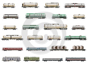 Vector set of isolated deatiled icons of  railway trains, railcars, waggons and vans